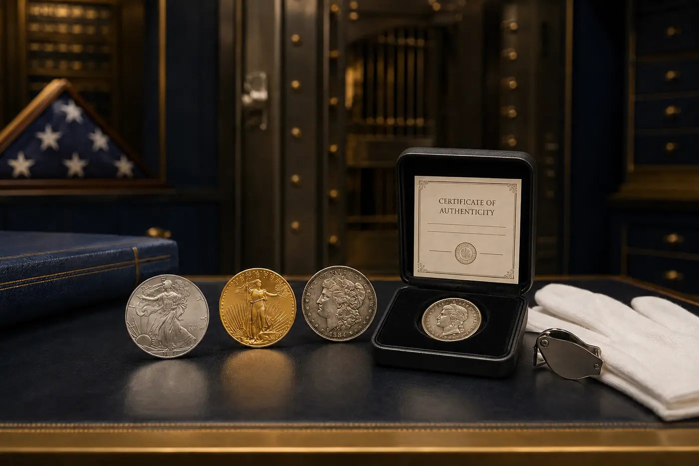 American collectible coins with a certificate of authenticity inside a secure vault